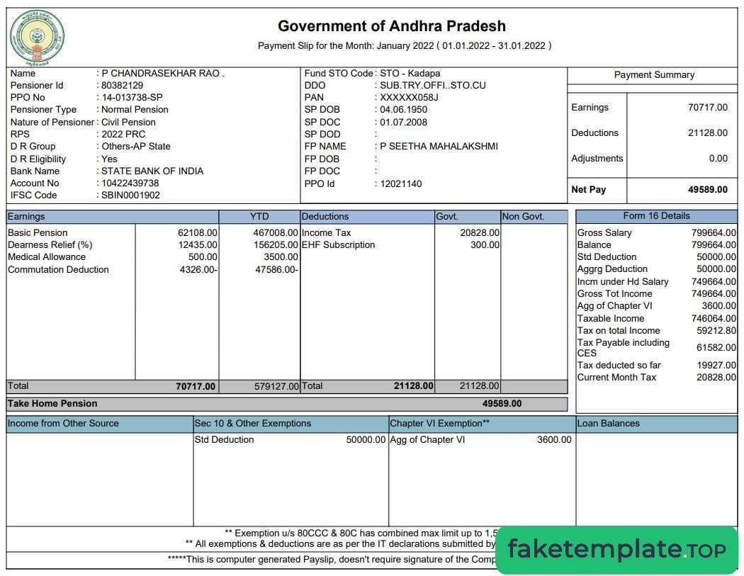 Feature of fake Government of Andhra Pradesh Paystub example